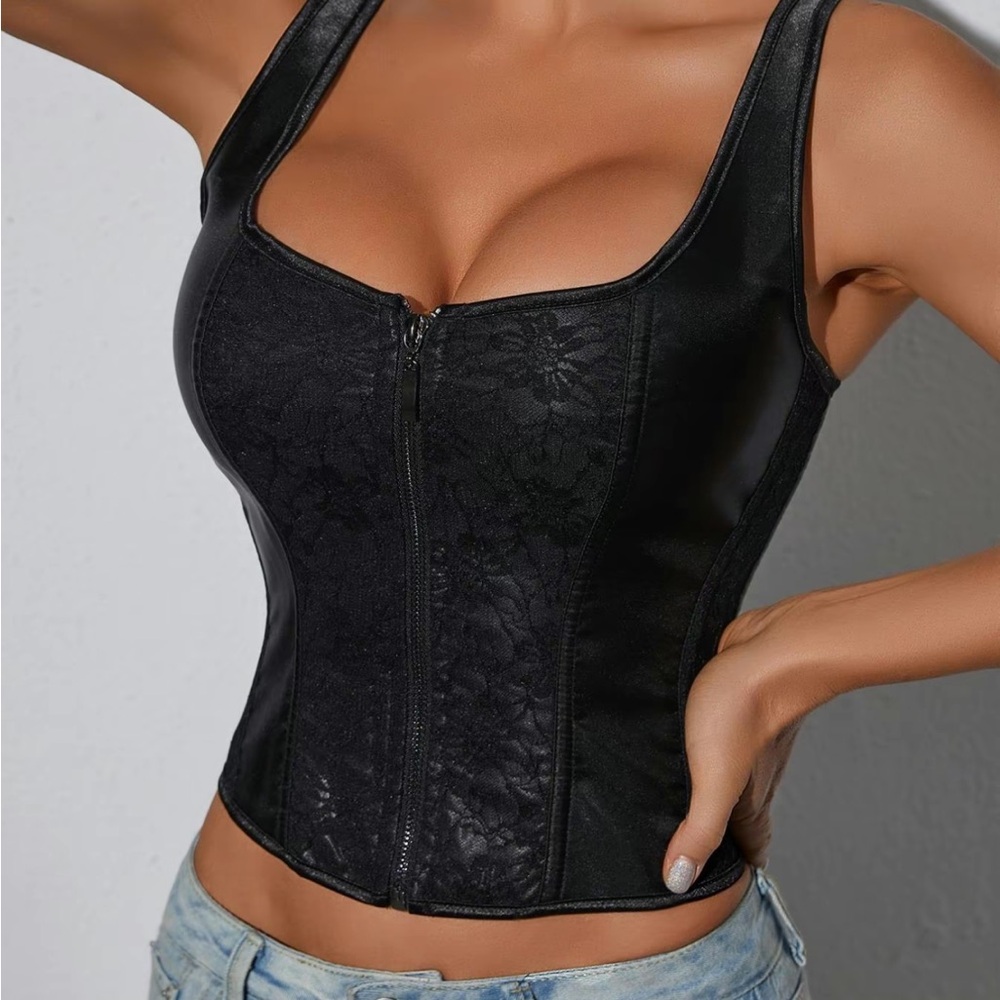 Black Faux Leather Corset Top with Lace-Up Back – Size S
